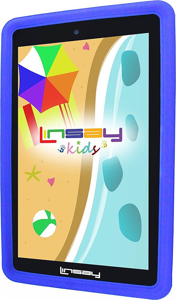 Left View: LINSAY 7" Tablet Kids 2 GB RAM 16 GB Android 9.0 funny tab with Blue Defender Case Dual Camera