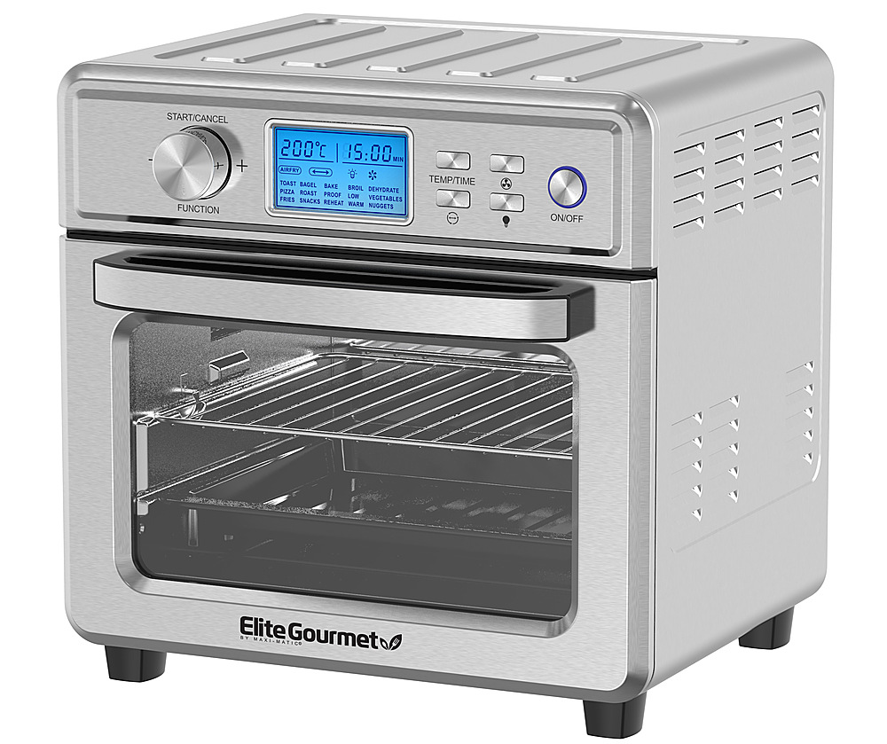 Angle View: Elite Gourmet 21L Stainless Steel Digital Air Fryer Oven with LCD Display and Interior Light - Stainless Steel