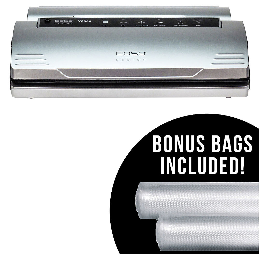 Angle View: Caso Design - VC 300 Food Vacuum Sealer w/ Integrated Fold-Out Cutter, Roll Box, Vacuum Hose, Starter Rolls, plus BONUS Bags & Rolls - Stainless