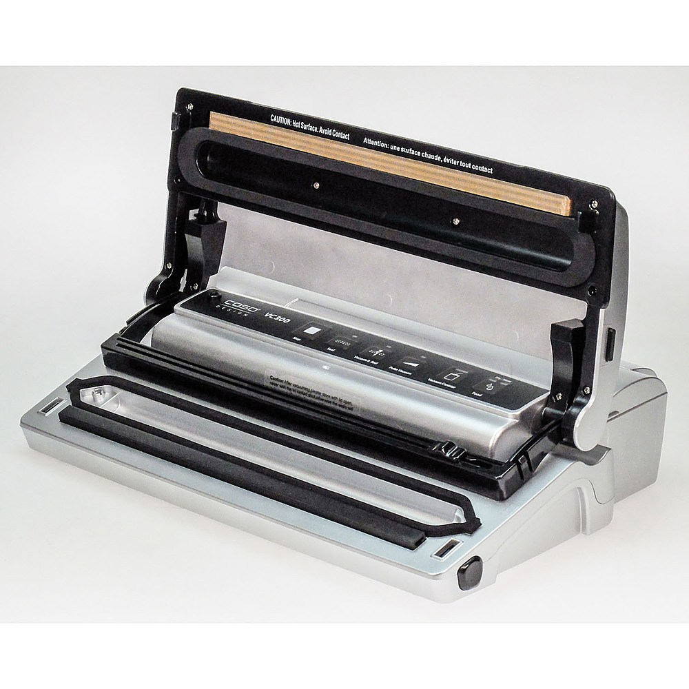 Left View: Caso Design - VC 300 Food Vacuum Sealer w/ Integrated Fold-Out Cutter, Roll Box, Vacuum Hose, Starter Rolls, plus BONUS Bags & Rolls - Stainless