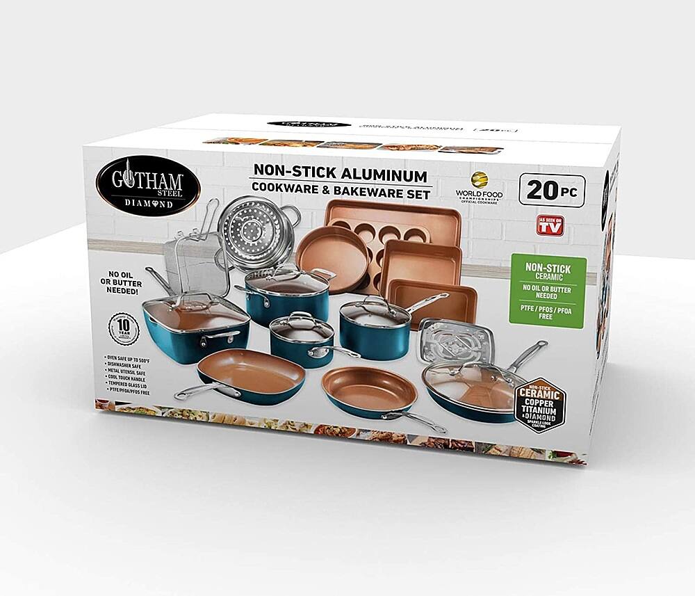 Left. Gotham Steel - Non Stick Aluminum 20pc Complete Cookware and Bakeware Set - Turquoise.