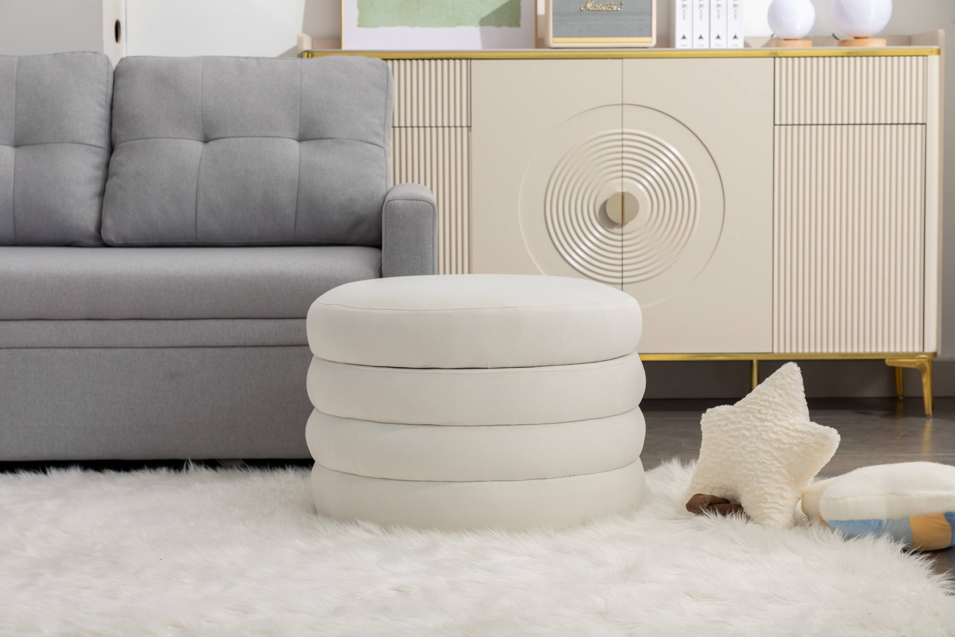 Alt View 4. GOODSILO - Soft Velvet Round Ottoman Footrest Stool with Wooden Frame for Living Room and Bedroom Comfortable Seating - Ivory.