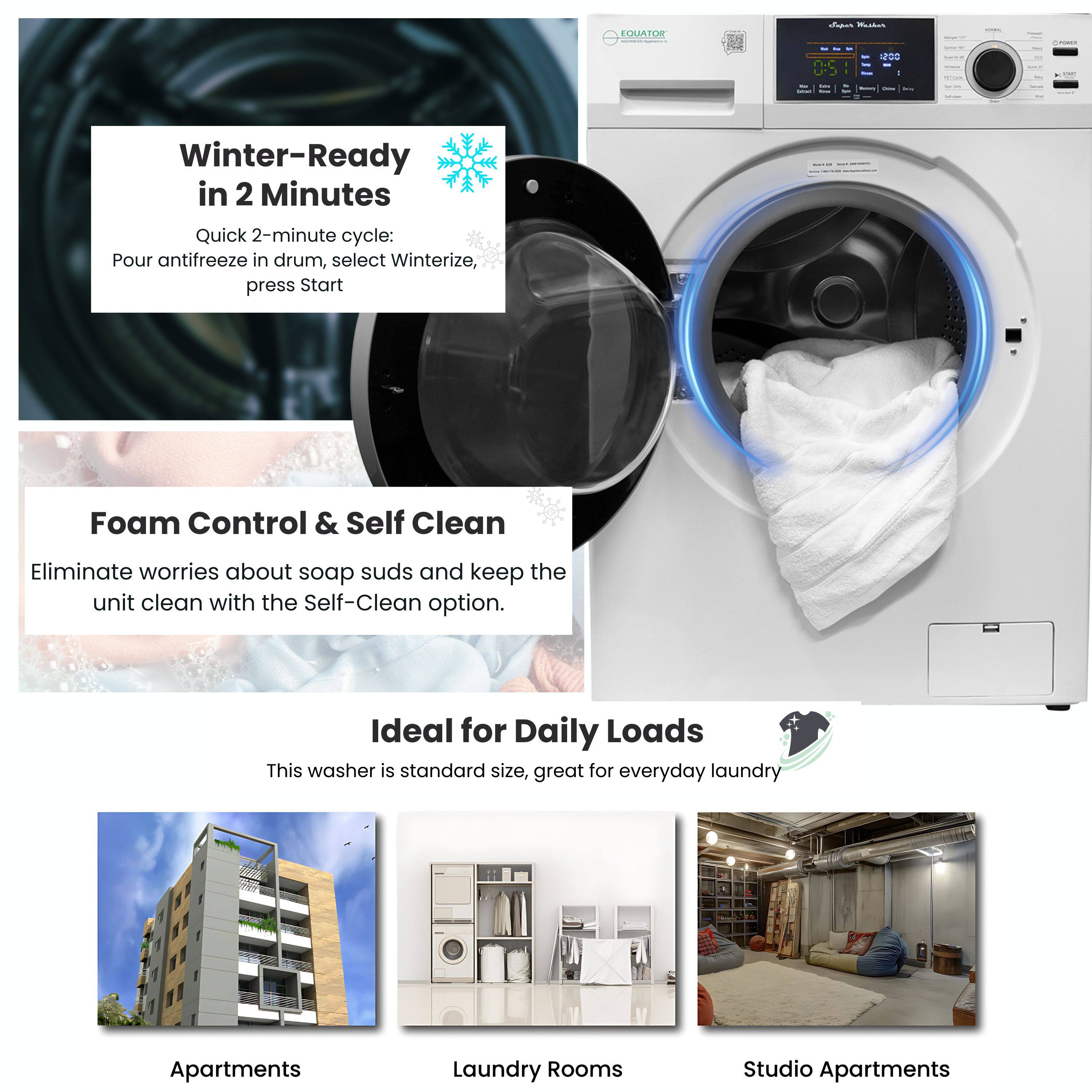 EQUATOR Scke - 2 APE

Winter-Ready in 2 Minutes
Quick 2-minute cycle: Pour antifreeze in drum, select Winterize, press Start

Foam Control & Self Clean
Eliminate worries about soap suds and keep the unit clean with the Self-Clean option.

Ideal for Daily Loads
This washer is standard size, great for everyday laundry

Apartments
Laundry Rooms
Studio Apartments