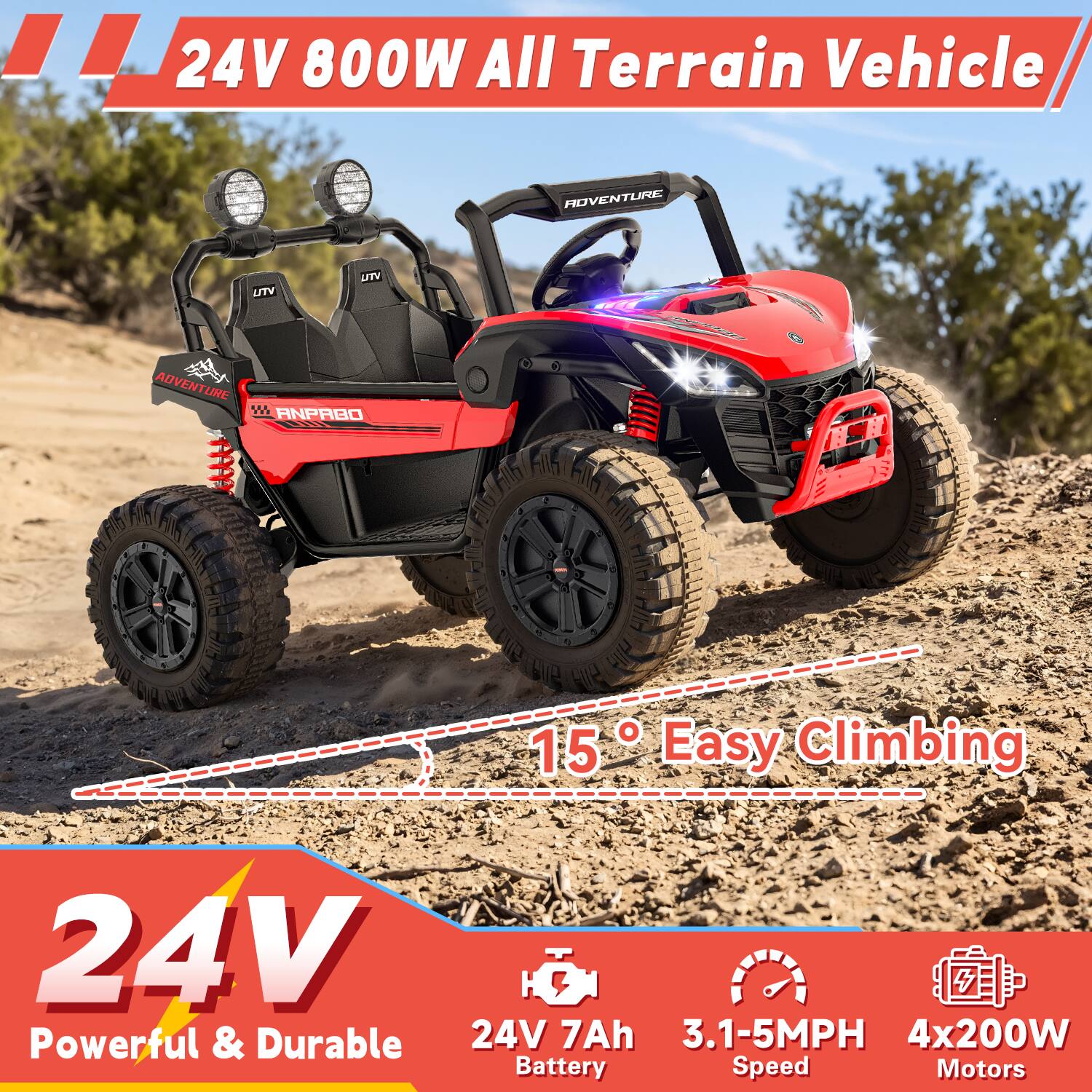 24V 800W All Terrain Vehicle

ROVENTURE
LITV
UTV
ADVENTURE W ANPABO

FINS Fillb ANA GHG  ANA 0 with

15 Easy Climbing

24V Powerful & Durable 24V 7Ah 3.1-5MPH 4x200W Battery Speed Motors