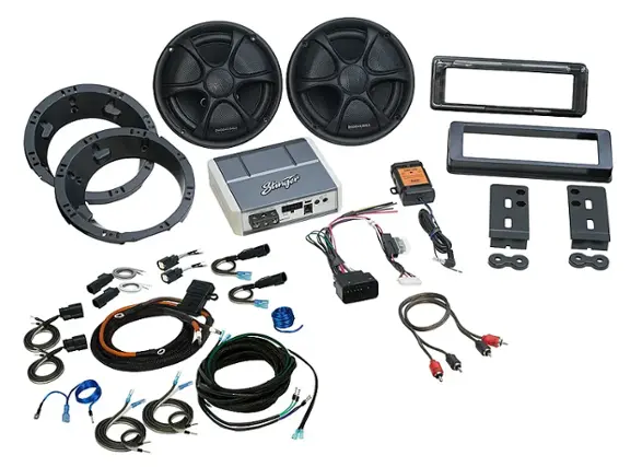Front. Stinger - Complete Plug-and-Play 350W Audio System for Select 1998-2013 Harley-Davidson Touring Motorcycles - Black/Silver.