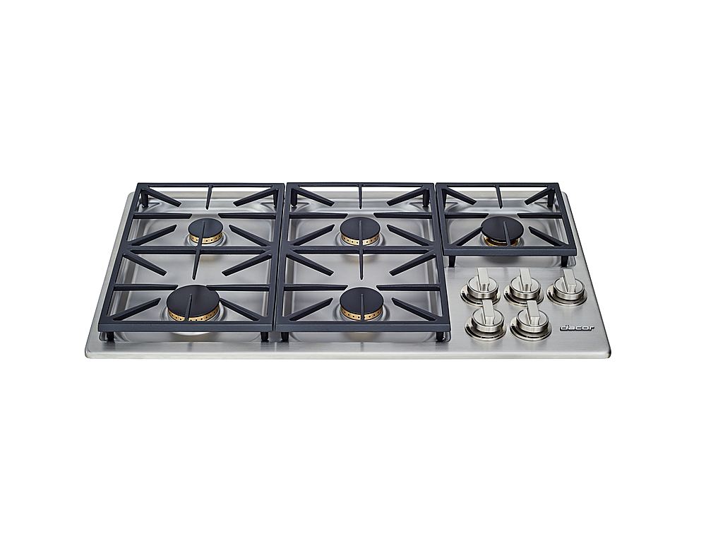Angle View: Dacor - Professional 36" Built-In Gas Cooktop with 6 burners and SimmerSear™, Natural Gas, High Altitude - Silver