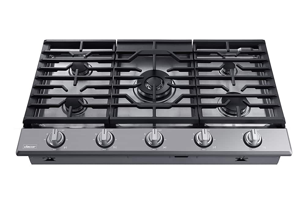 Angle. Dacor - Transitional 36" Built-In Gas Cooktop with 6 burners and SimmerSear, Liquid Propane Convertible - Silver Stainless Steel.