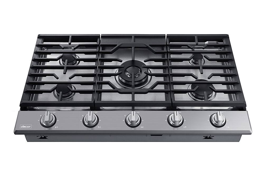Angle. Dacor - Transitional 36" Built-In Gas Cooktop with 6 burners and SimmerSear, Liquid Propane Convertible - Silver Stainless Steel.