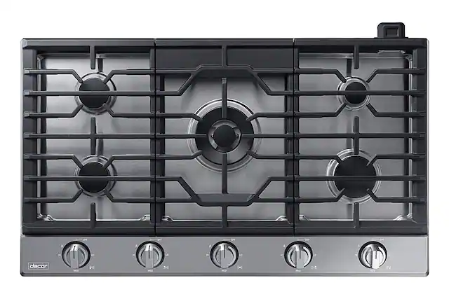 Front. Dacor - Transitional 36" Built-In Gas Cooktop with 6 burners and SimmerSear, Liquid Propane Convertible - Silver Stainless Steel.