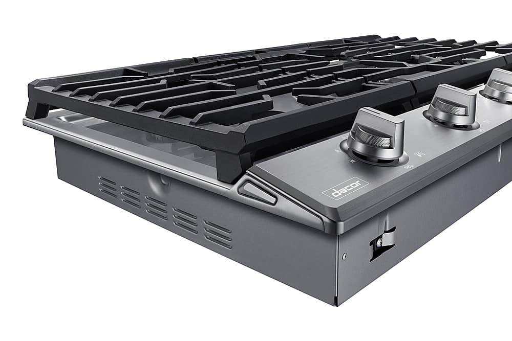 Left. Dacor - Transitional 36" Built-In Gas Cooktop with 6 burners and SimmerSear, Liquid Propane Convertible - Silver Stainless Steel.