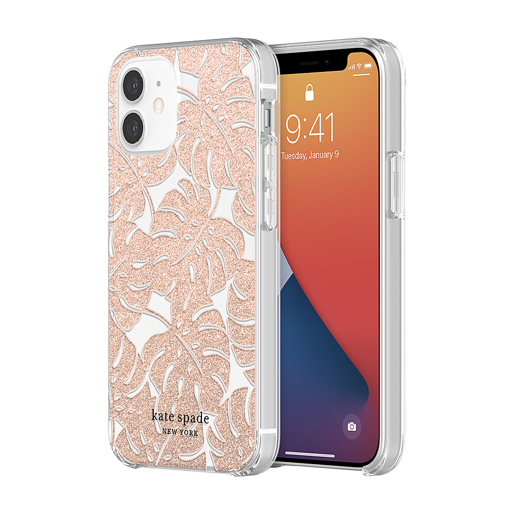 kate spade new york - Protective Hardshell Case for Apple iPhone 12 mini - Island Leaf Pink Glitter