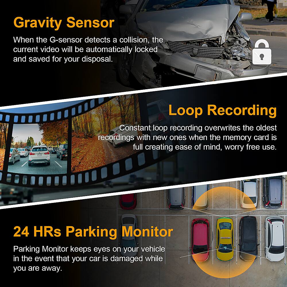 Gravity Sensor: When the G-sensor detects a collision, the current video will be automatically locked and saved for your disposal.
Loop Recording: Constant loop recording overwrites the oldest recordings with new ones when the memory card is full, creating ease of mind, worry-free use.
24 HRs Parking Monitor: Parking Monitor keeps eyes on your vehicle in the event that your car is damaged while you are away.