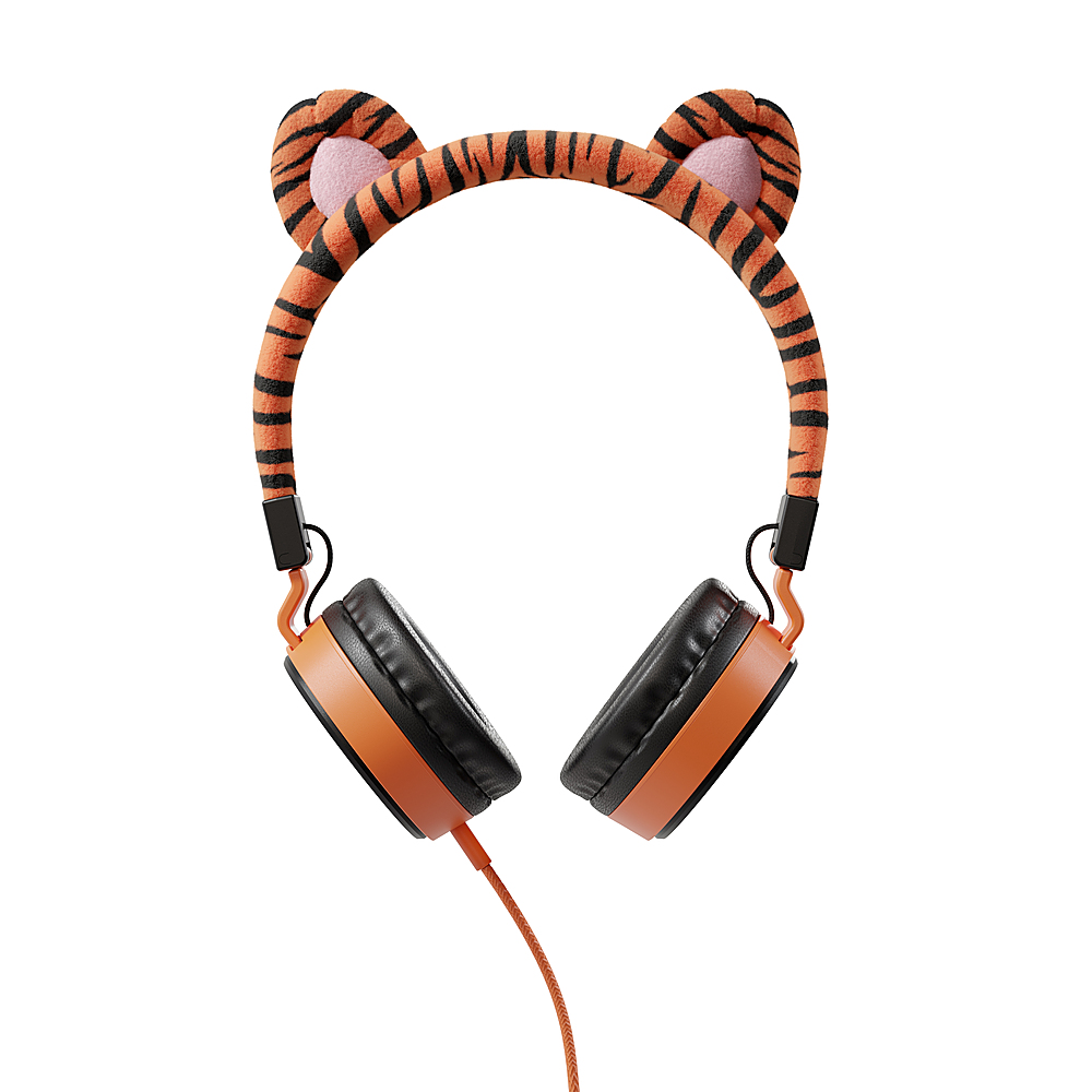 Left View: Planet Buddies - Furry Kids Linkable Wired Headphones (Charlie the Tiger) - Orange