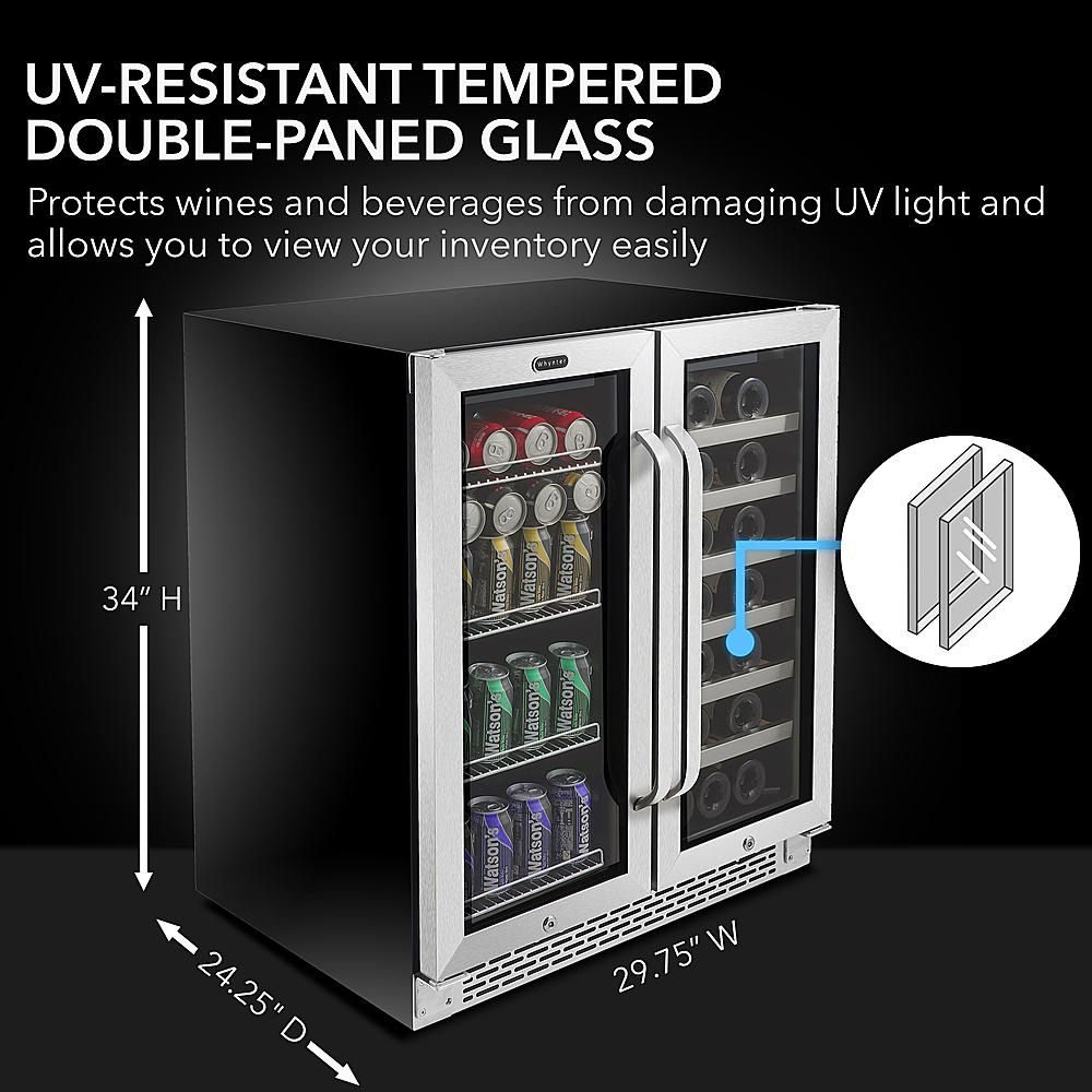 Angle View: Whynter - 30″ Built-In French Door Dual Zone 33 Bottle Wine Refrigerator 88 Can Beverage Center - Stainless steel