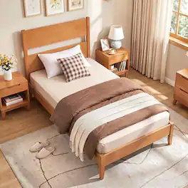 Costway - Twin Bed Frame with Headboard, Solid Wood Legs, 12 Slats, No Box Spring Needed - Warm Brown