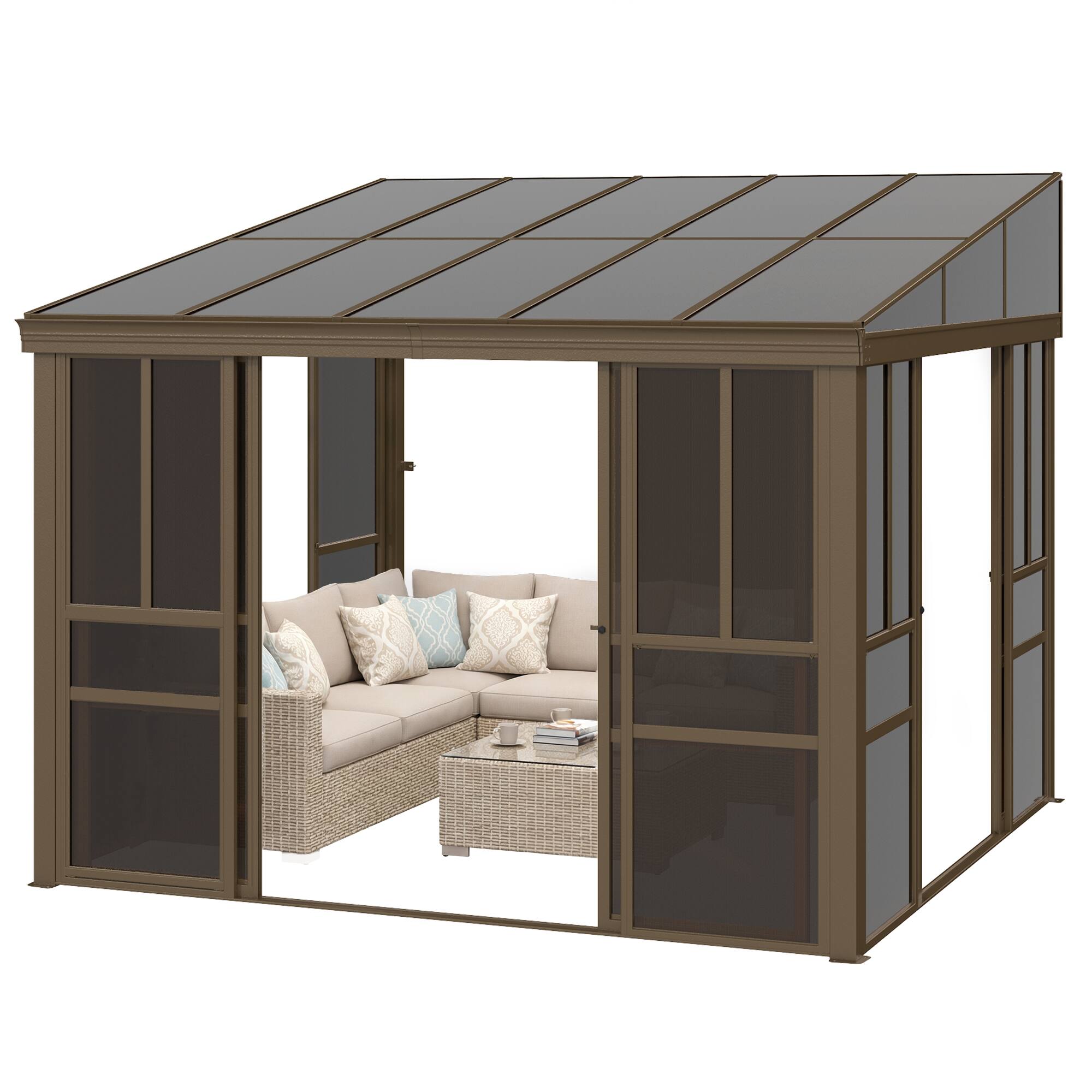 Alt View 5. U-HOMY - Brown Wall-Mounted Solarium Sunroom Kit with Sliding Doors and Adjustable Polycarbonate Windows - 10'x10'.
