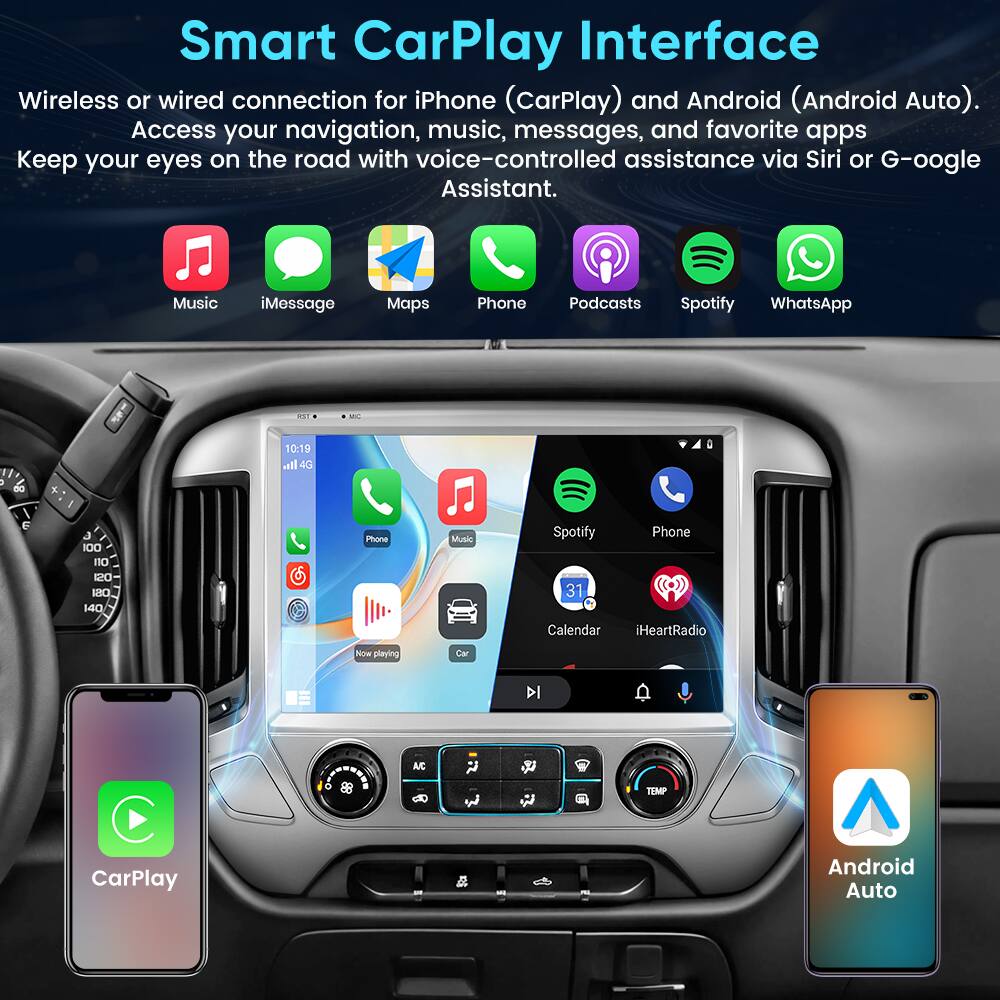 Smart CarPlay Interface

Wireless or wired connection for iPhone (CarPlay) and Android (Android Auto). Access your navigation, music, messages, and favorite apps. Keep your eyes on the road with voice-controlled assistance via Siri or Google Assistant.

- Music
- iMessage
- Maps
- Phone
- Podcasts
- Spotify
- WhatsApp

CarPlay

Android Auto