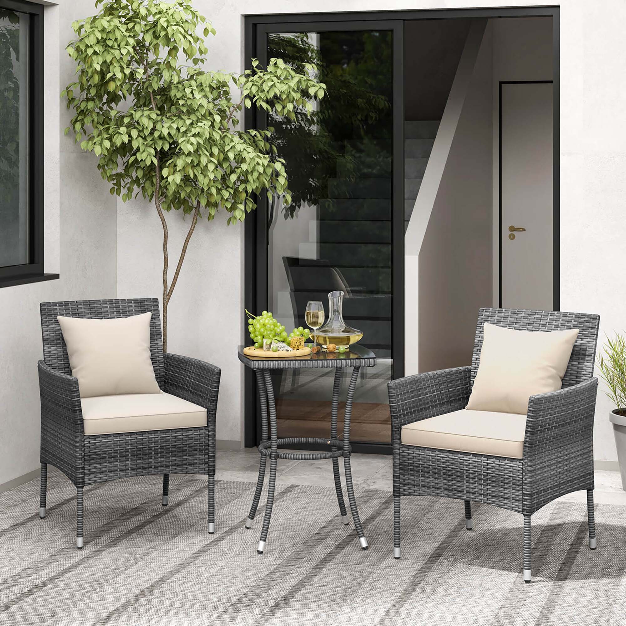 Alt View 4. Costway - 3 PCS Patio Furniture Set with Cushioned Patio Chairs & Tempered Glass Coffee Table - Off White + Mix Grey.