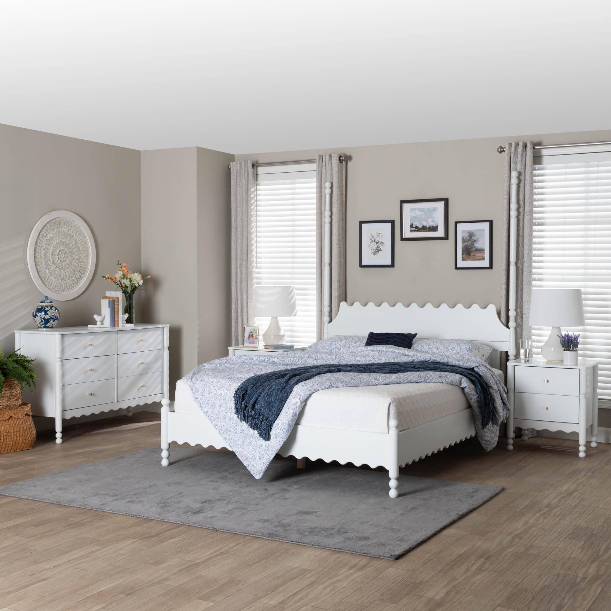Alt View 7. Baxton Studio - Hoffman 4-Piece Scalloped Bedroom Set - Farmhouse Bed Frame with Matching Dresser and 2-Drawer Nightstands, Queen - White.
