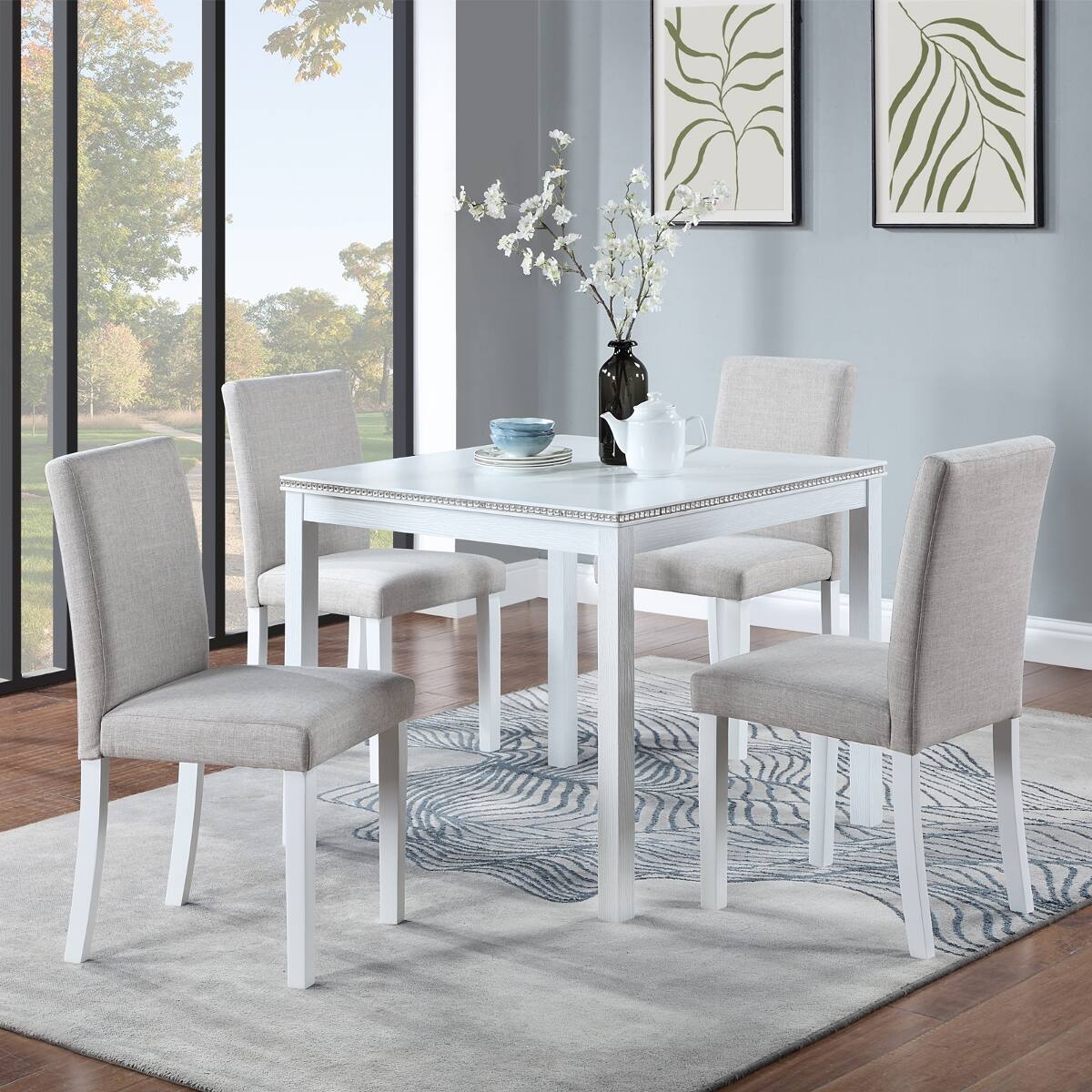 Loheer - 5 Piece Dining Table Set, Square Table with Upholstered Chairs for Four - White