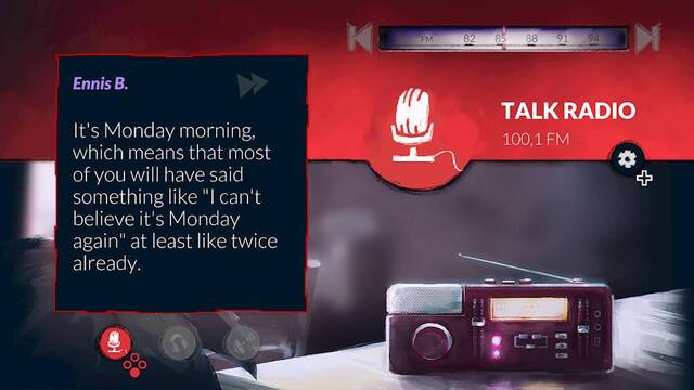 The largest text reads, "It's Monday morning, which means that most of you will have said something like 'I can't believe it's Monday again' at least like twice already." The image also features a radio with the text "Talk Radio 100.1 FM" on it. - M (Mature 17+)