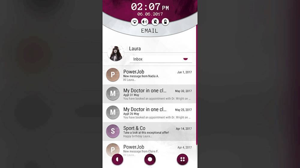 The largest text in the image reads "02:07 PM 06.06.2017 EMAIL Laura Inbox." The following text has been cleaned up based on the image:

"P PowerJob New message from Nadia A. Hi Laura. Jun 1, 2017 M My Doctor in one cl... May 30, 2017 Appt 31 May You have booked an appointment with Dr. Wright on M My Doctor in one cl... May 25, 2017 Appt 26 May You have booked an appointment with Dr. Wright on S Sport & Co Take a look at this exceptional offer! Happy birthday Laura. Apr 14, 2017 P PowerJob New message from Claire F Hi Laura. Apr 4, 2017"