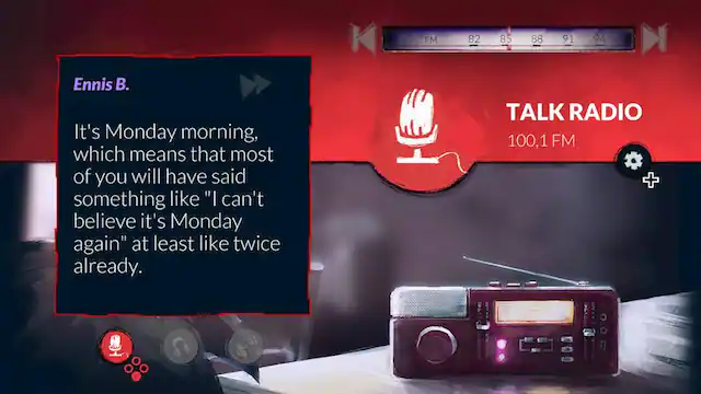 The largest text reads, "It's Monday morning, which means that most of you will have said something like 'I can't believe it's Monday again' at least like twice already." The image also features a radio with the text "Talk Radio 100.1 FM" on it. - T (Teen 13+)