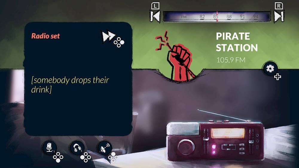 The image features a radio set with a pirate station playing. The radio is located on a table, and there is a person's hand visible in the scene. The text on the screen reads "Radio set PIRATE STATION 105,9 FM," indicating that the station is broadcasting on 105.9 FM.