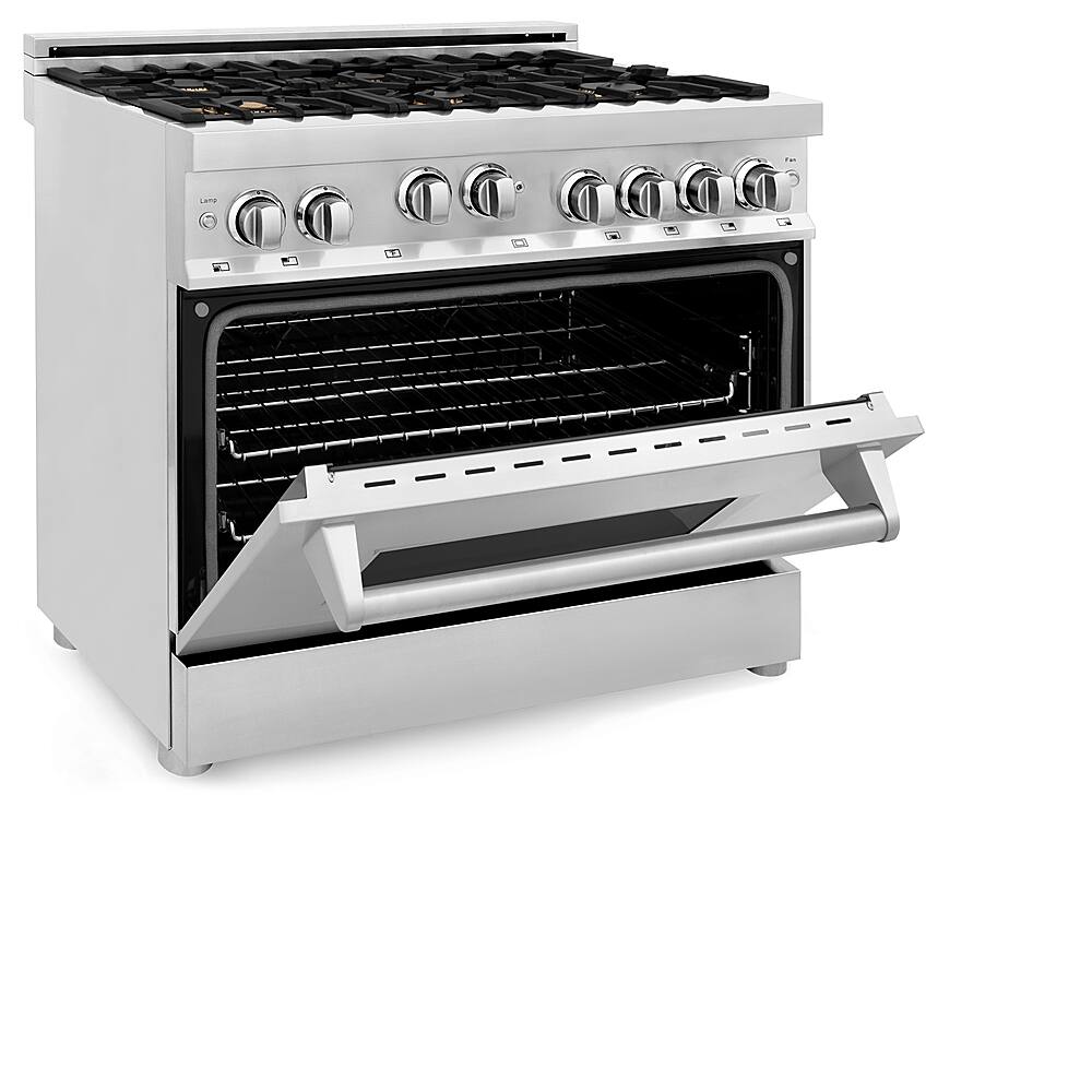 Left View: ZLINE 36" Professional 4.6 cu. ft. 6 Gas on Gas Range in Stainless Steel with Brass Burners (RG-BR-36) - Stainless steel look