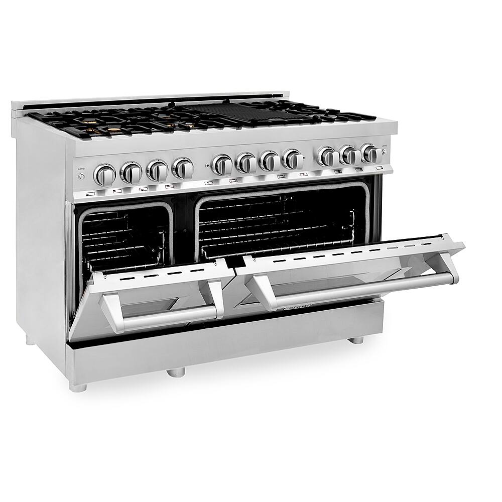 Left View: ZLINE 48" Professional 6.0 cu. ft. 7 Gas Burner/Electric Oven Range in Stainless Steel with Brass Burners (RA-BR-48) - Stainless steel look