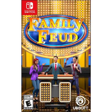 The image features a video game called Family Feud, which is available on the Nintendo Switch. The game is designed for both children and adults, making it a fun and engaging activity for the entire family. The game is rated E (for Everyone) by the ESRB and is published by Ubisoft. - E (Everyone)