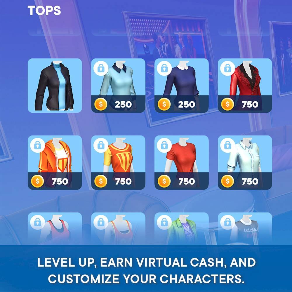 The image features a game that allows players to earn virtual cash and customize their characters. The game offers various clothing items, such as tops, for players to purchase using their virtual cash. The tops are displayed in different price ranges, with some costing $6, $250, and $750. The game encourages players to level up and earn more virtual cash to unlock more clothing options and customize their characters.