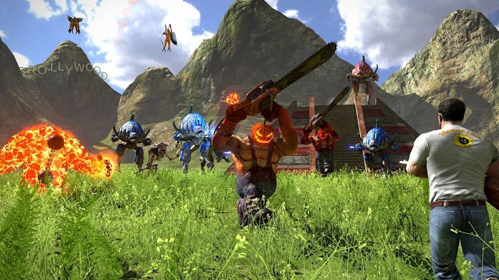 The image features a man standing in a grassy field, with a group of robots or machines behind him. The robots are positioned in various locations, with some closer to the man and others further away. The man appears to be observing the robots or possibly controlling them. The scene is set in a lush green field, creating a sense of openness and freedom.