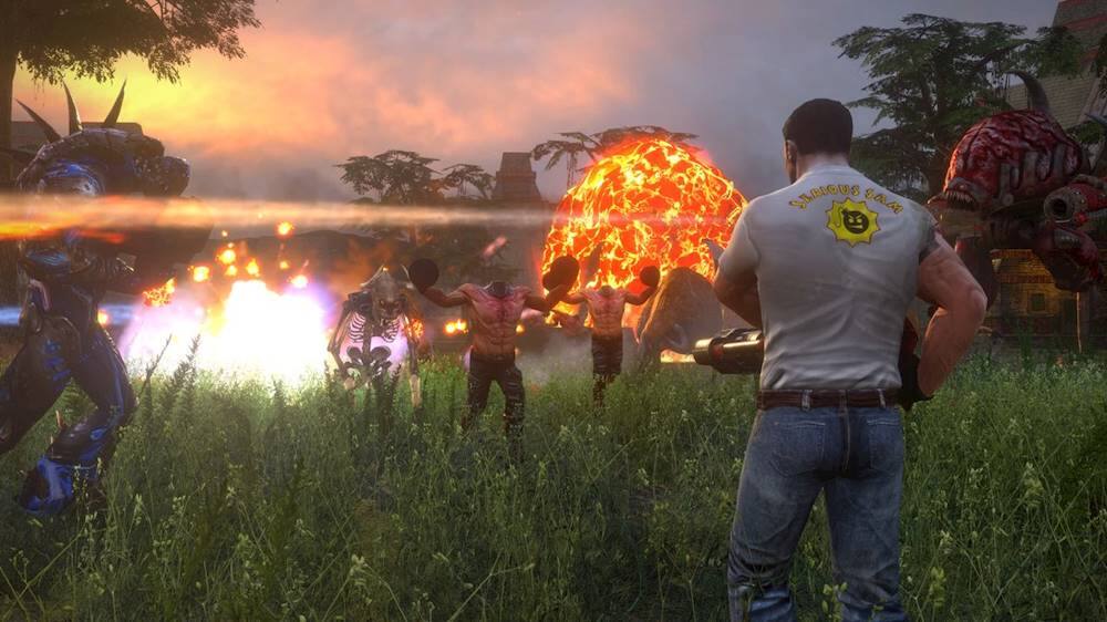 The image depicts a man standing in a field, holding a gun and surrounded by several other people. The man is wearing a white shirt and jeans, and he appears to be the main focus of the scene. The other people in the field are spread out, with some closer to the man and others further away.

In the background, there are two explosions taking place, adding a sense of action and danger to the scene. The man with the gun seems to be observing the explosions, possibly assessing the situation or preparing for a response. The presence of multiple people and the explosions suggest that this could be a scene from a video game or a movie, where the man is a character navigating through a challenging environment.