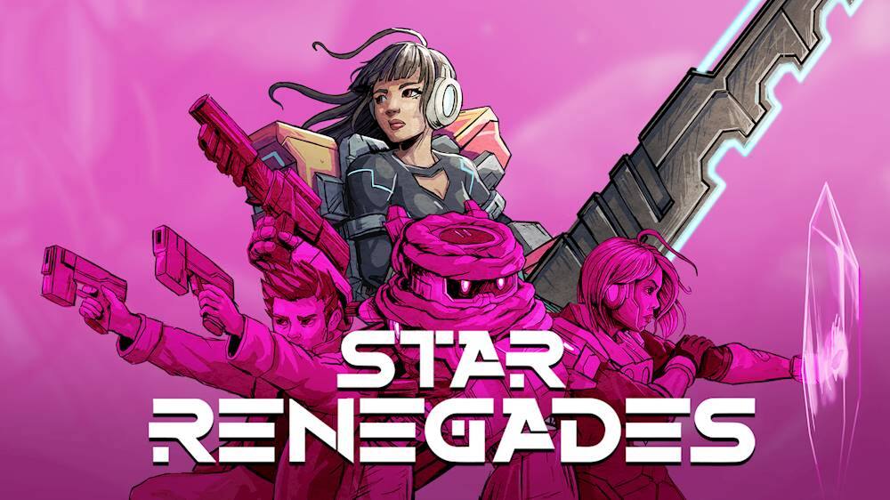 The image shows a woman in a black and pink outfit holding a gun, with a group of pink-colored figures in the background. The woman is the main focus of the image, and she is surrounded by the pink figures, which appear to be either soldiers or other characters. The image is likely related to a video game or a comic book, as the woman is described as a "Star Renegades" character. The pink figures could be her teammates or opponents, adding to the overall story and context of the scene.