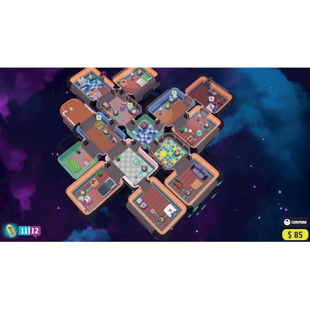 The image features a dollhouse with several rooms, including a living room, a kitchen, and a bathroom. The living room has a couch, a TV, and a dining table. The kitchen is equipped with a refrigerator, a sink, and a microwave. The bathroom has a toilet and a bathtub. The dollhouse is displayed on a purple background, and there are several people in the scene, likely enjoying the various rooms.