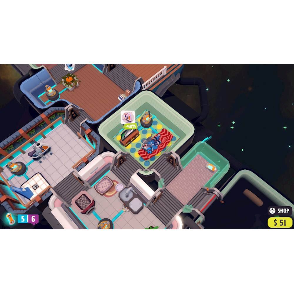 The image shows a three-story house with a pool in the middle. The pool is surrounded by various objects, such as a teddy bear, a suitcase, and a backpack. The house also has a kitchen and a dining table. The image is a computer-generated or video game-like representation of a house.