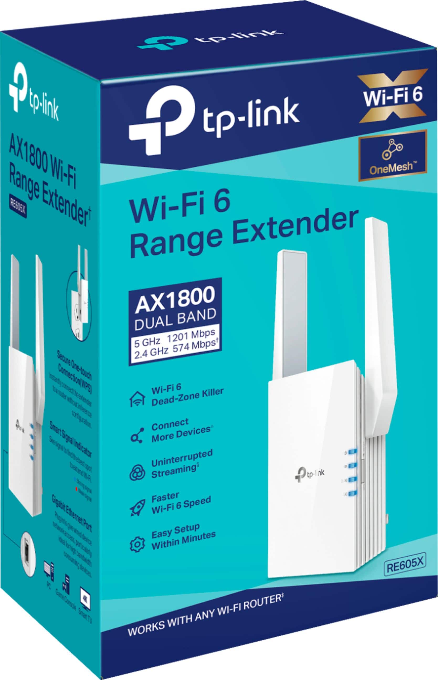 tp-link 4 G Wi-Fi 6 Extender Range AX1800 DUAL BAND 1201 Mbps 5 GHz 1 GHz 574 Secure 2.4/5 GHz WPS One-touch Wi-Fi 6 Killer Dead-Zone Eliminator Smart Connect 5G Guaranteed Faster Speed Wi-Fi 6 Ethernet Port Easy Setup in Minutes (RE605X N WI-FI ROUTER)