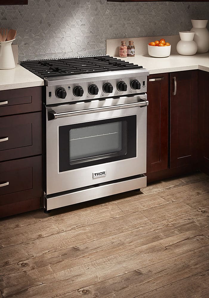 Left. Thor Kitchen - 4.55 Cu.Ft Freestanding Liquid Propane Gas Convection Range - Stainless Steel.