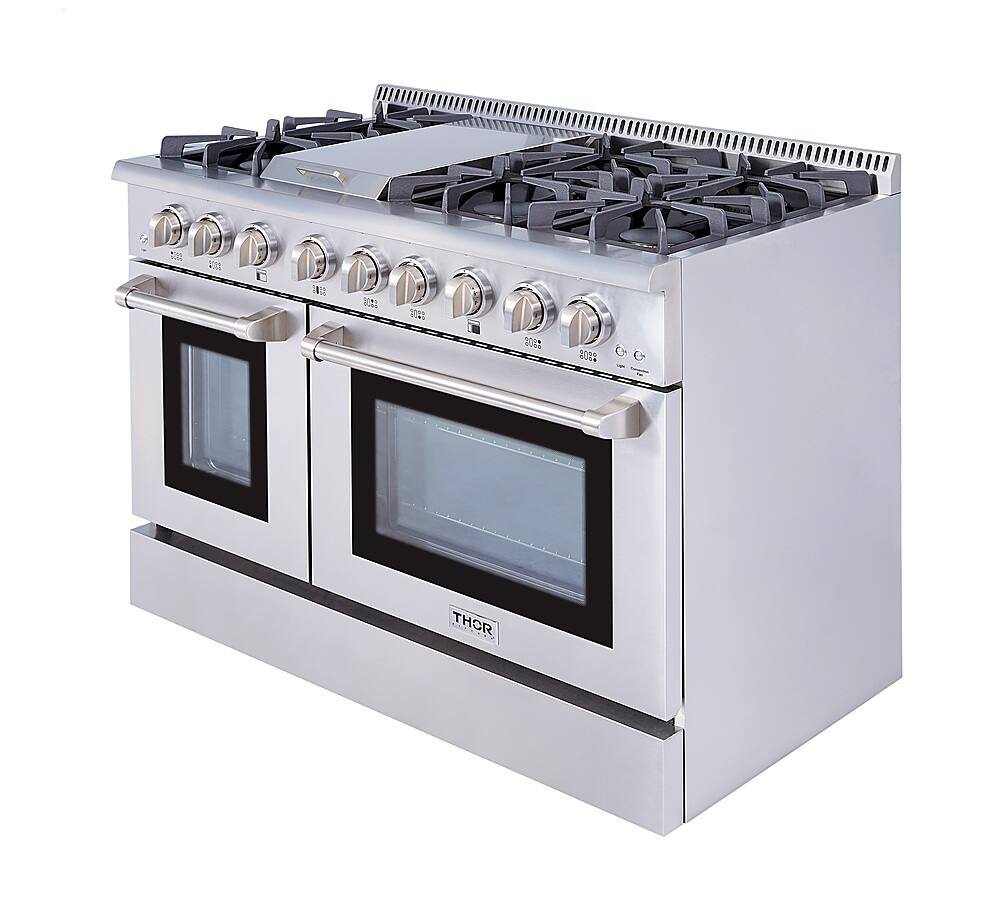 Left. Thor Kitchen - 6.7 Cu.Ft. Freestanding Double Oven Liquid Propane Gas Range - Stainless Steel.