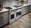 Angle. Thor Kitchen - 6.8 cu ft Double Oven Freestanding Liquid Propane Convection Gas Range - Stainless Steel.