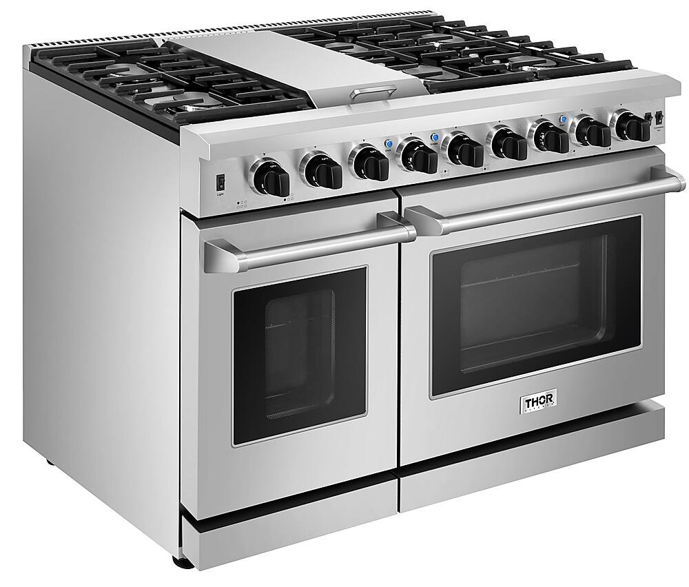 Left. Thor Kitchen - 6.8 cu ft Freestanding Double Oven Convection Gas Range - Stainless Steel.