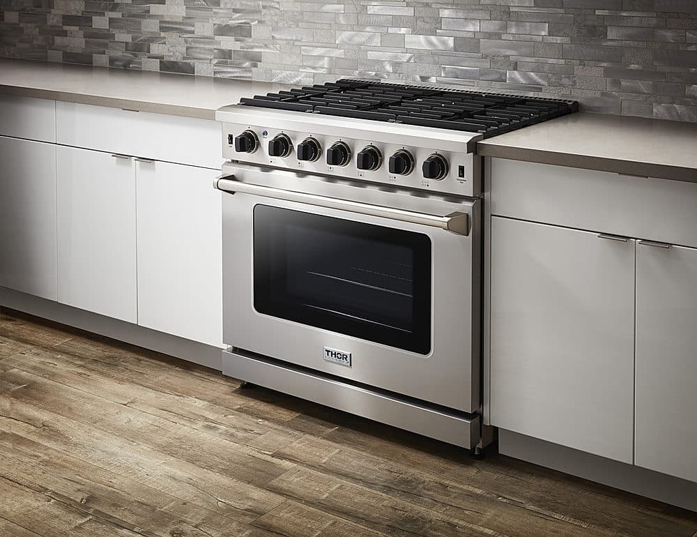 Angle. Thor Kitchen - 6.0 cu. ft. Freestanding Gas Convection Range with Storage - Stainless Steel.