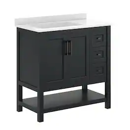 Flash Furniture - Vega 36" Bathroom Vanity with Sink, Cabinet with Hardware, Soft Close Doors, Open Shelf & 3 Drawers, Carrara Marbl - Black