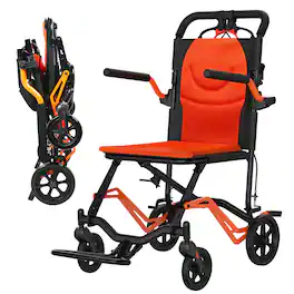 Qeetex - Lightweight Transport Wheel Chair, Portable Folding Wheelchair, with Removable Flip Armrests - Orange