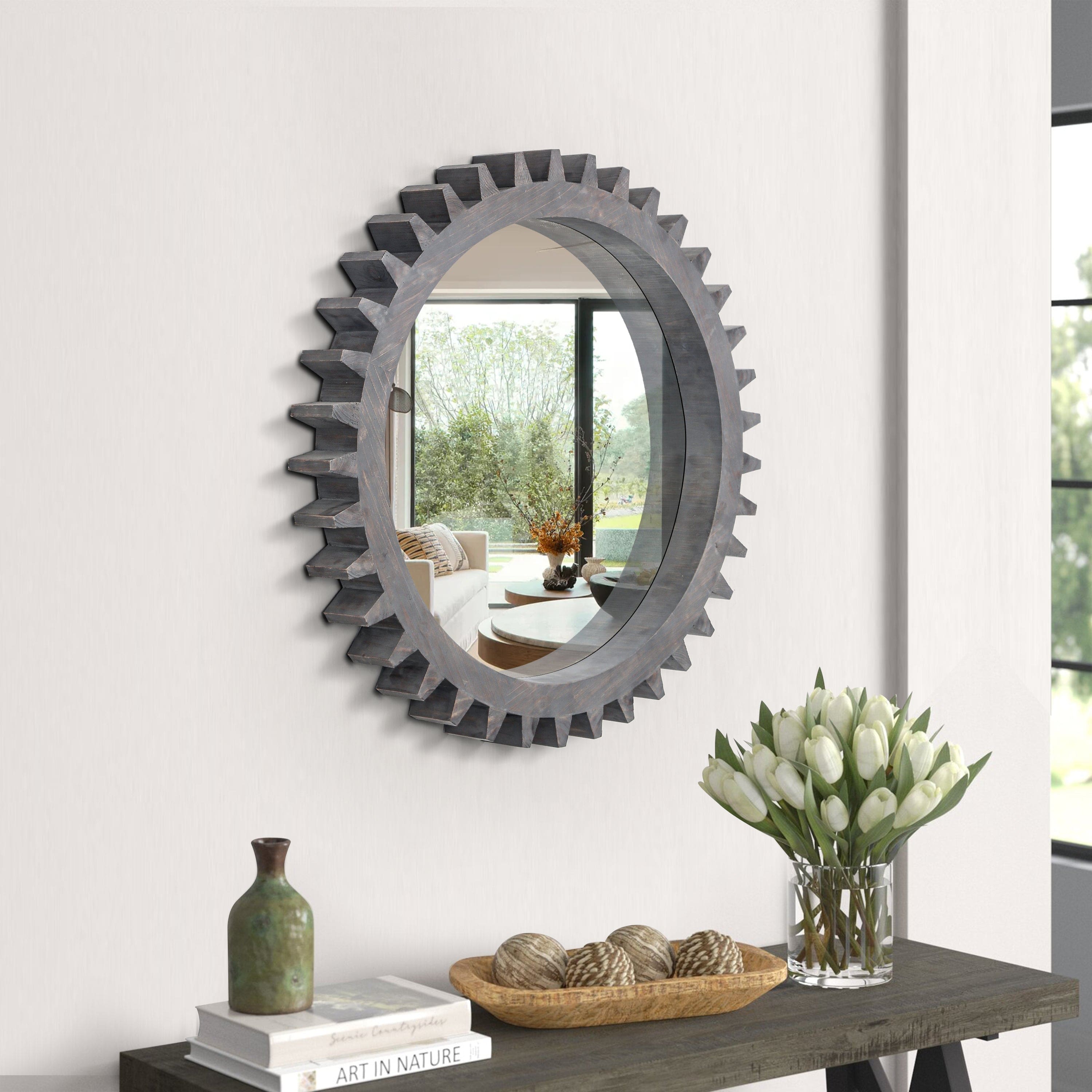 BreeBe - Vintage 17x17 Wood Round Gear Shape Hanging Decorative Mirror Patchwork Wall Art Sold Individually - Dark Brown