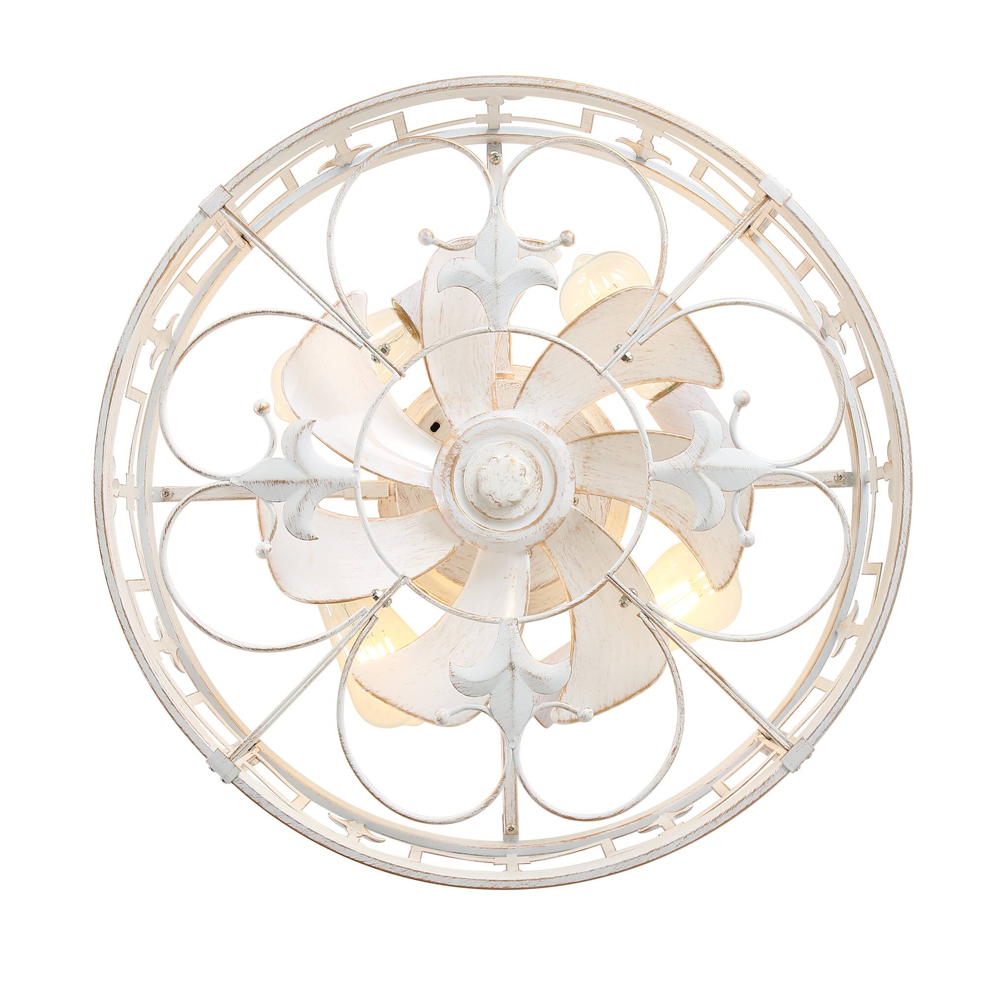 Alt View 9. Breezary - 20" Indoor Flush Mount Enclosed Ceiling Fan with Light Kit and Remote, 7 ABS Blades, 6-Speed DC Motor, Timer - Distressed White and Gold.