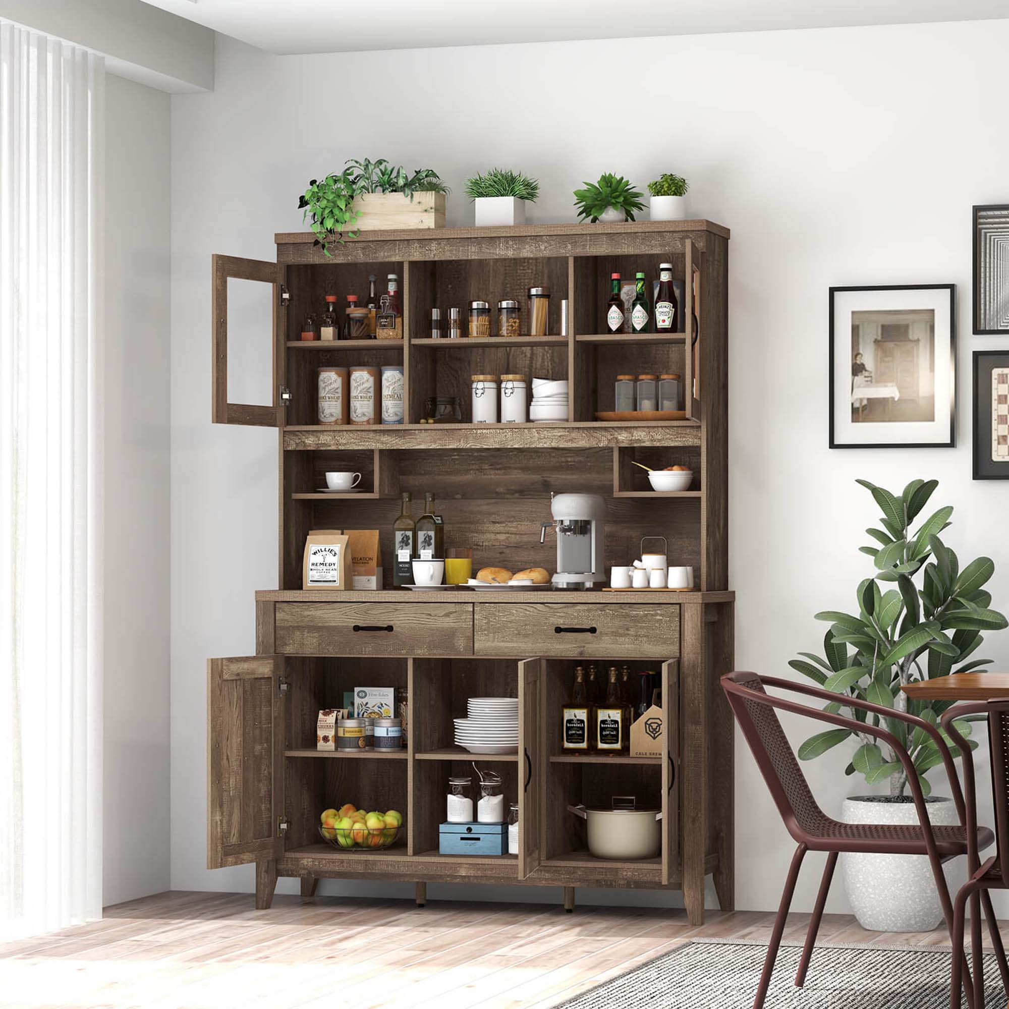 Alt View 3. Costway - Costway Kitchen Pantry Cabinet with Microwave Countertop Double Glass Doors 2 Drawers - Brown.