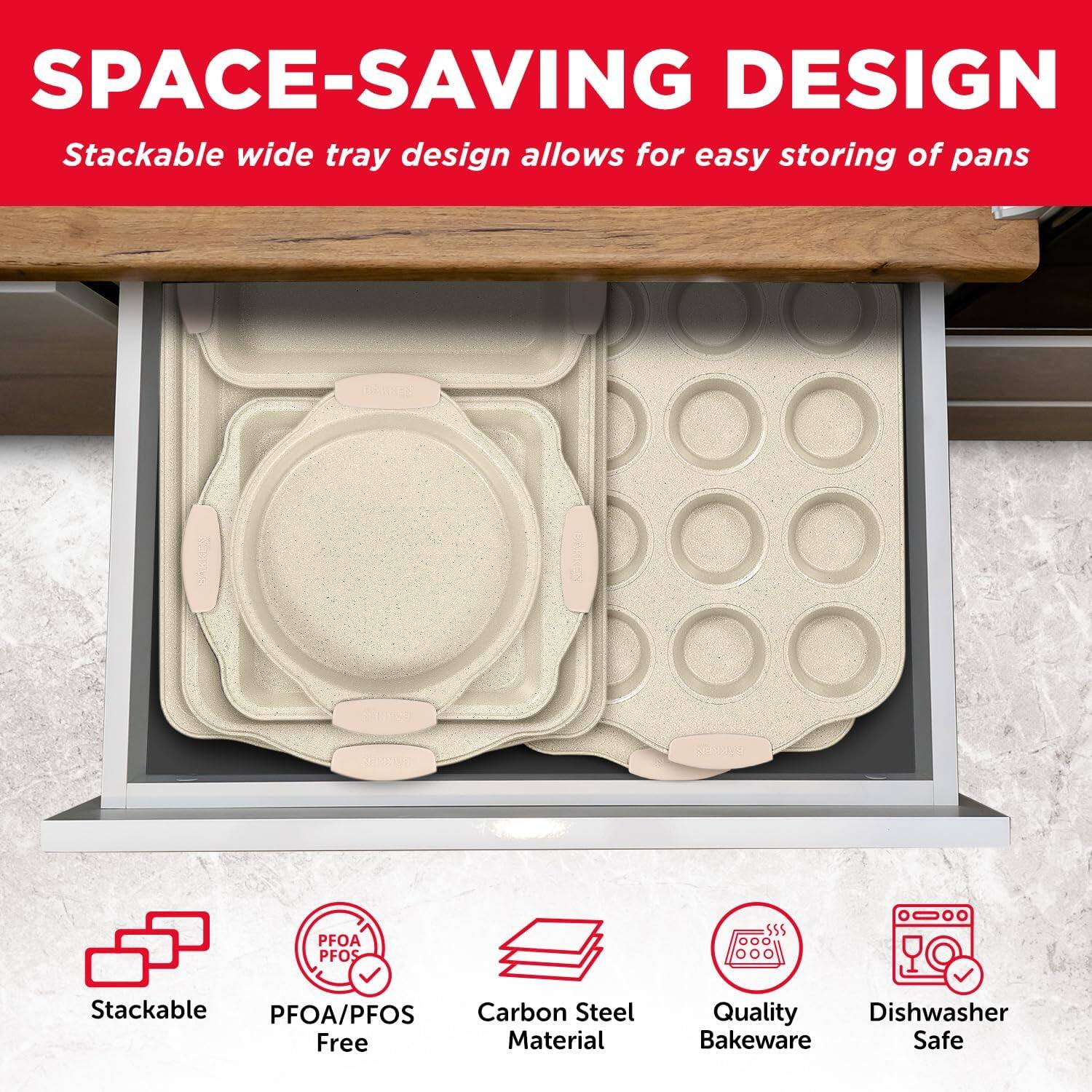 SPACE-SAVING DESIGN  
Stackable wide tray design allows for easy storing of pans  

- Stackable  
- PFOA/PFOS Free  
- Carbon Steel Material  
- Quality Bakeware  
- Dishwasher Safe