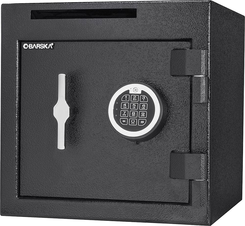 Angle. Barska - 1.12 Cu Ft Slot Depository Safe-Steel Drop Safe with Anti-Fishing Slot, Digital Keypad, 3 Locking Bolts - Black.